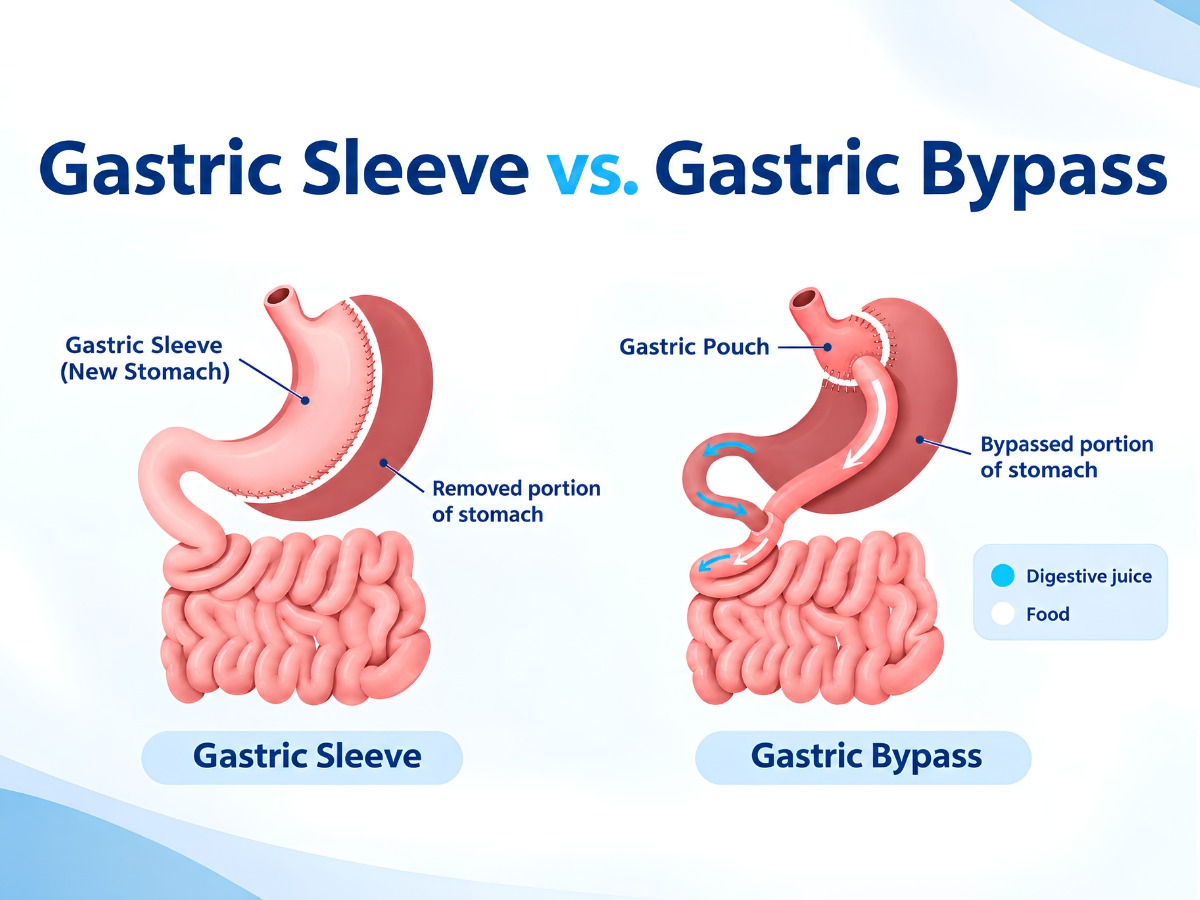 Diagram comparing gastric sleeve and gastric bypass: a narrowed stomach versus a small pouch connected to the small intestine